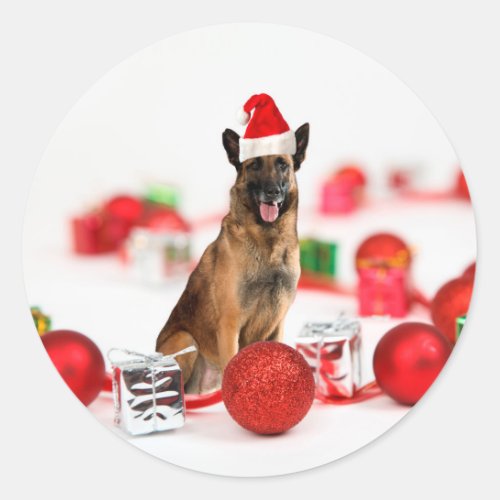 German Shepherd dog w Christmas Gifts Santa Hat Classic Round Sticker