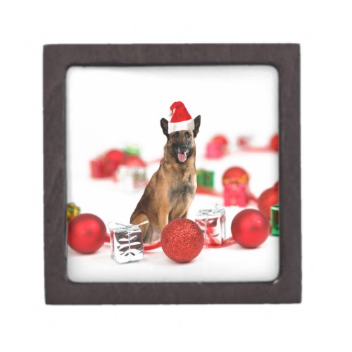 German Shepherd dog w Christmas Gifts Santa Hat Jewelry Box