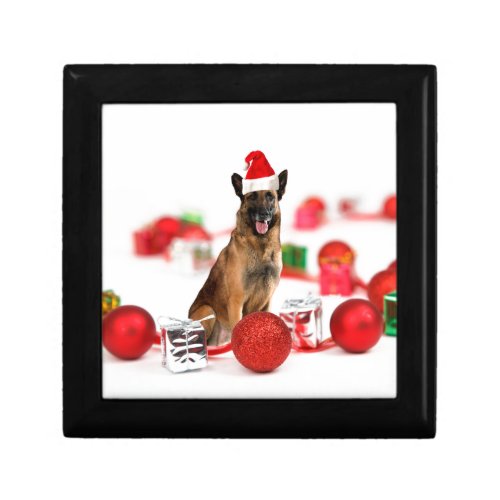 German Shepherd dog w Christmas Gifts Santa Hat Keepsake Box