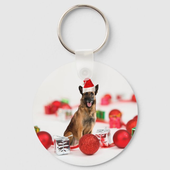 German Shepherd dog w Christmas Gifts Santa Hat Keychain (Front)