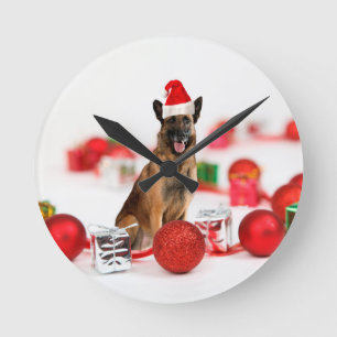 German Shepherd dog w Christmas Gifts Santa Hat Round Clock