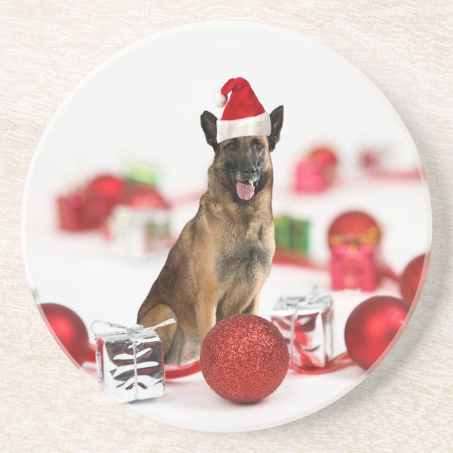 German Shepherd dog w Christmas Gifts Santa Hat Sandstone Coaster (Front)