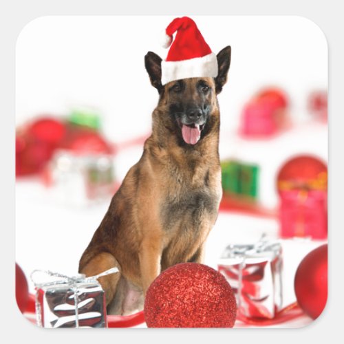 German Shepherd dog w Christmas Gifts Santa Hat Square Sticker