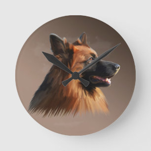German Shepherd Dog Watercolor Art Portrait Round Clock