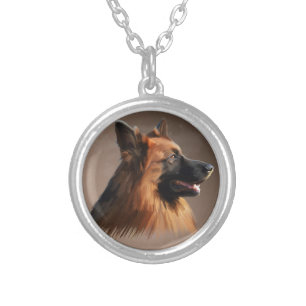 German Shepherd Dog Watercolor Art Portrait Silver Plated Necklace