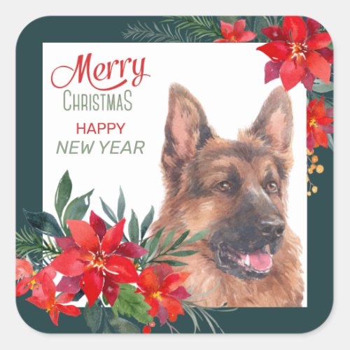 German Shepherd Dog Watercolor Poinsettia Holiday  Square Sticker