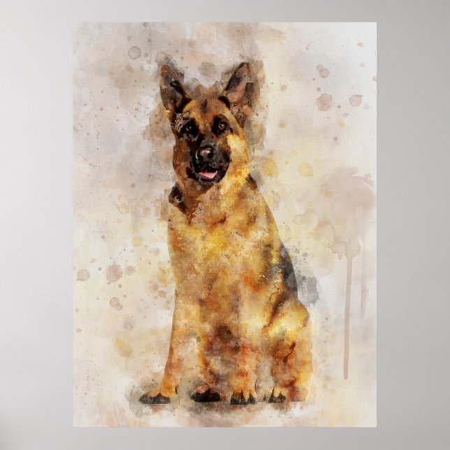 German Shepherd Dog Watercolor Portrait 03 Poster (Front)