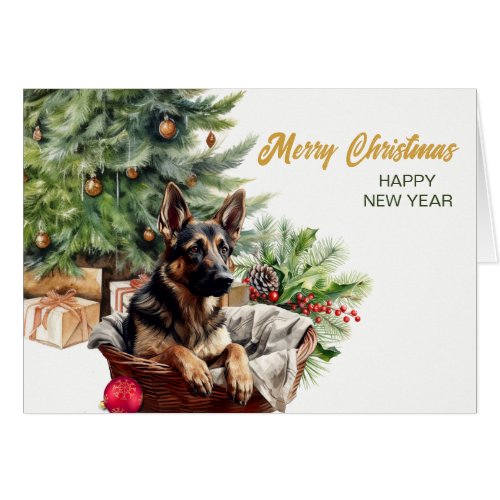 German Shepherd Dog Wicker Basket Christmas Card