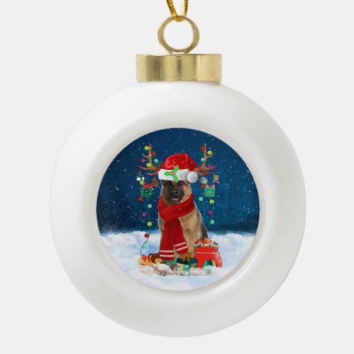 German Shepherd dog with Christmas gifts Ceramic Ball Christmas Ornament