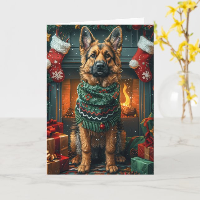 German Shepherd Dog With Christmas Gifts Fireplace Card (Yellow Flower)