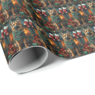 German Shepherd Dog With Christmas Gifts Fireplace Wrapping Paper