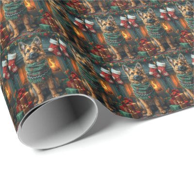 German Shepherd Dog With Christmas Gifts Fireplace Wrapping Paper