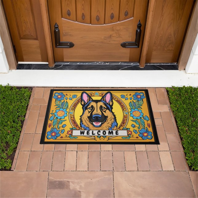 German Shepherd Dog With Flowers Welcome  Doormat (Outdoor)