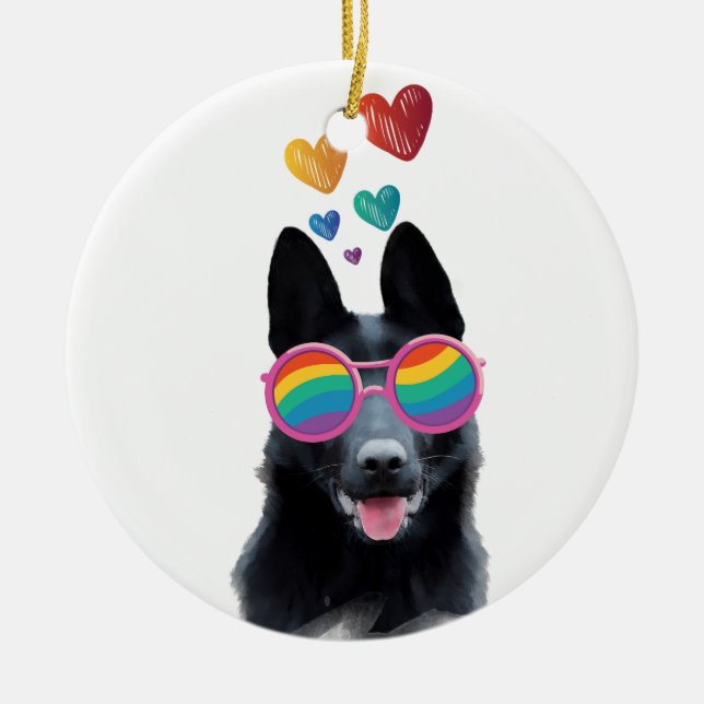 German Shepherd Dog with Hearts Valentine's Day Ceramic Ornament (Front)