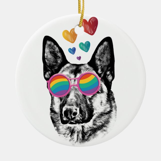 German Shepherd Dog with Hearts Valentine's Day Ceramic Ornament (Front)
