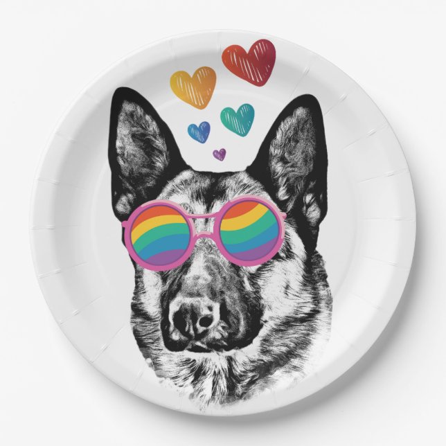 German Shepherd Dog with Hearts Valentine's Day  Paper Plates (Front)