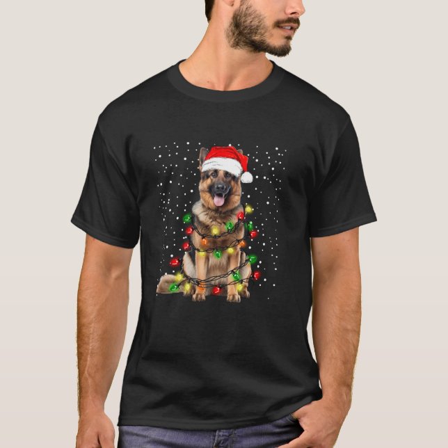 German shepherd dog with string lights for Christm T-Shirt (Front)
