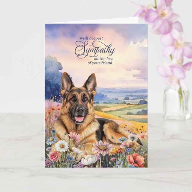 German Shepherd Dog with Wildflowers Pet Sympathy Card (Orchid)