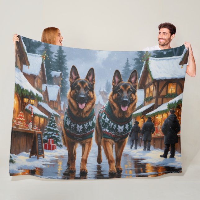 German Shepherd Dogs Christmas Snow Holiday Fleece Blanket (In Situ)