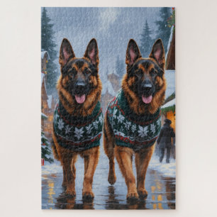 German Shepherd Dogs Christmas Snow Holiday Jigsaw Puzzle
