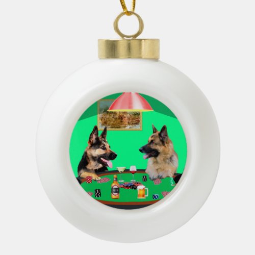 German Shepherd dogs Playing Poker Ceramic Ball Christmas Ornament
