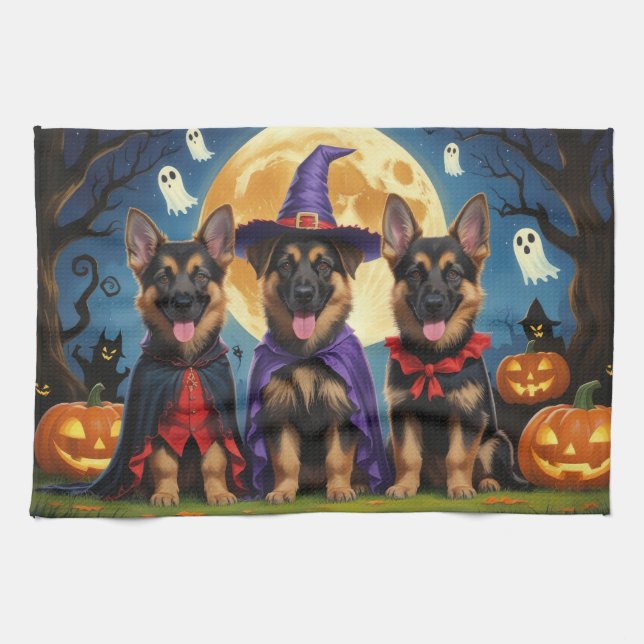 German Shepherd Dogs Pumpkin Halloween Funny Kitchen Towel (Horizontal)