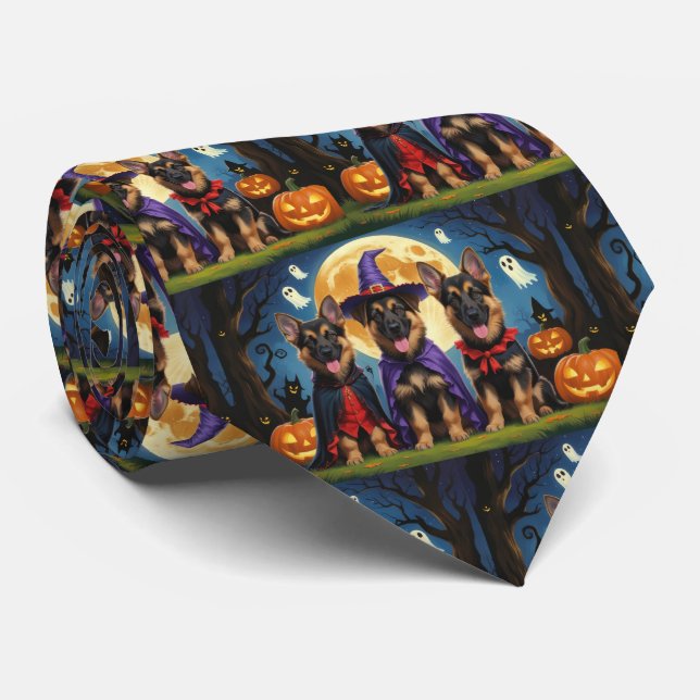 German Shepherd Dogs Pumpkin Halloween Funny Neck Tie (Rolled)