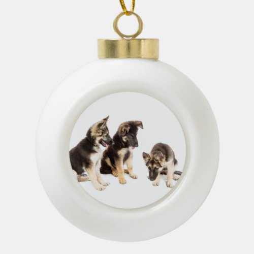 German Shepherd Dogs Sitting White Ceramic Ball Christmas Ornament