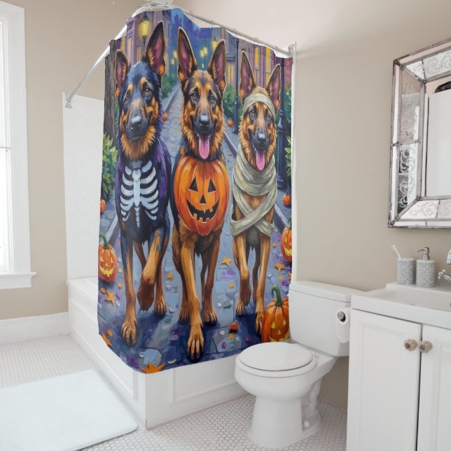 German Shepherd Dogs Trick-or-Treating Halloween Shower Curtain (In Situ)