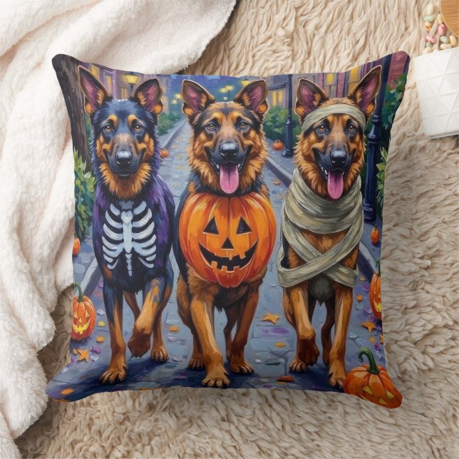 German Shepherd Dogs Trick-or-Treating Halloween Throw Pillow (Blanket)