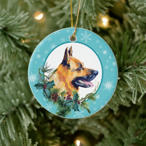 German Shepherd Evergreen Blue Snowflake Border Ceramic Ornament