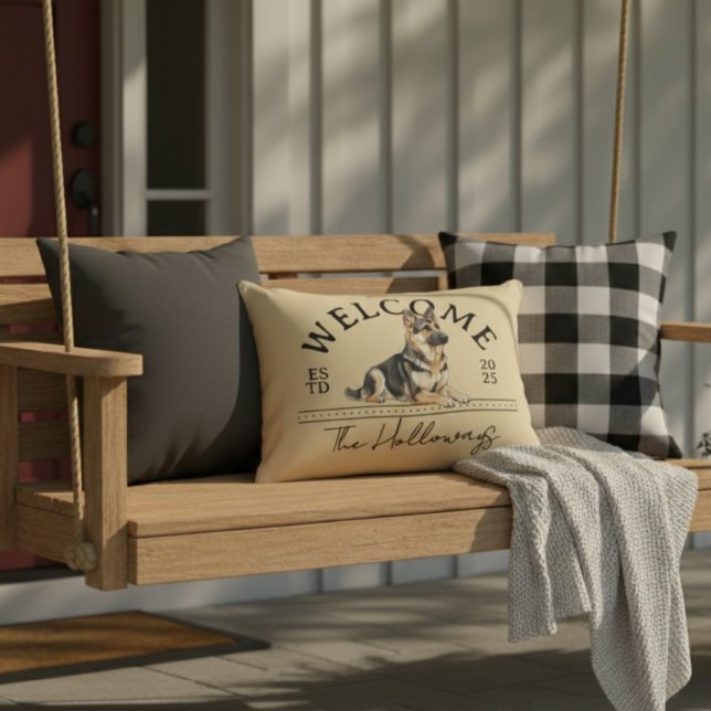 German Shepherd Family Name Welcome Accent Pillow (Welcome guests to your home with this German Shepherd Custom Family Name Welcome Throw Pillow!)