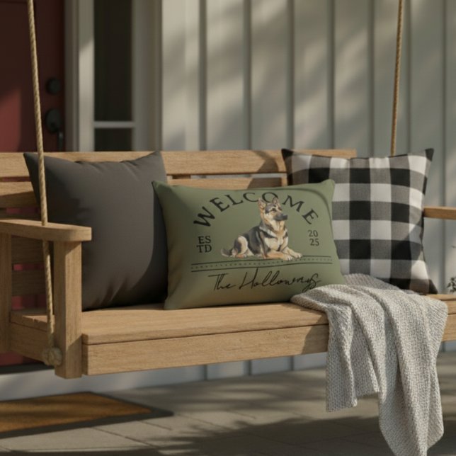 German Shepherd Family Name Welcome Accent Pillow (Welcome guest to your home with this German Shepherd Custom Family Name Welcome Throw Pillow!)