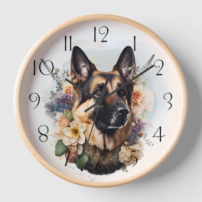 German Shepherd Floral Dog Clock (Front)