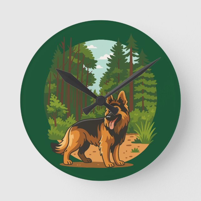 German Shepherd Forest Adventure Dog  Round Clock (Front)