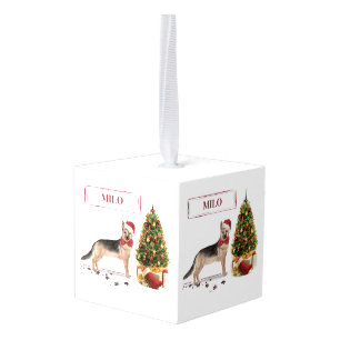 German Shepherd Funny Christmas Dog with Tree Cube Ornament