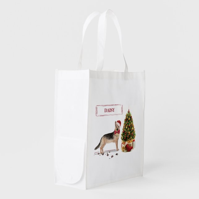 German Shepherd Funny Christmas Dog with Tree Grocery Bag (Front Side)