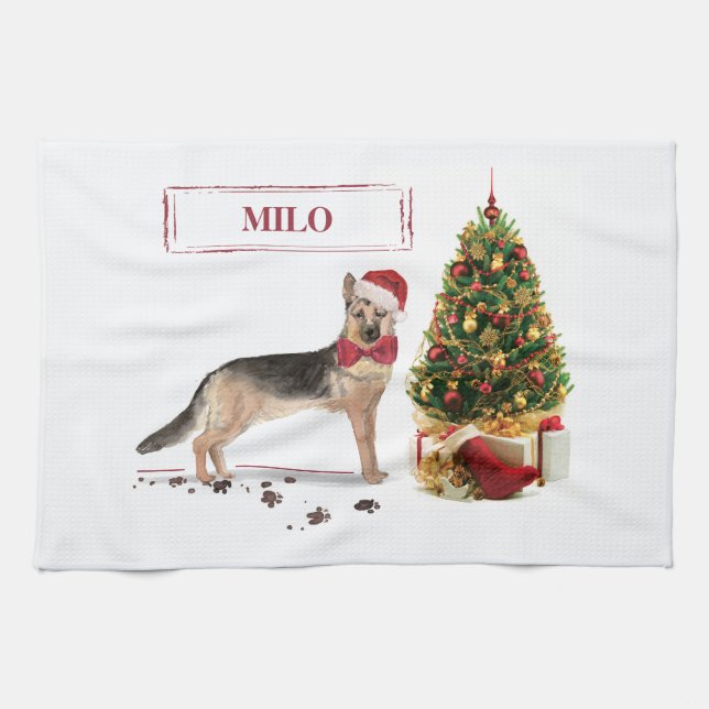 German Shepherd Funny Christmas Dog with Tree Kitchen Towel (Horizontal)