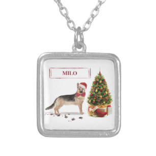 German Shepherd Funny Christmas Dog with Tree Silver Plated Necklace