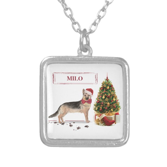 German Shepherd Funny Christmas Dog with Tree Silver Plated Necklace (Front)