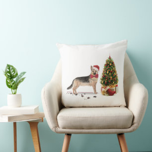 German Shepherd Funny Christmas Dog with Tree Throw Pillow