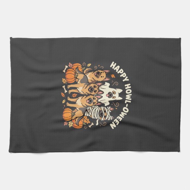 German Shepherd Ghost Halloween Howl-Oween Design_ Kitchen Towel (Horizontal)