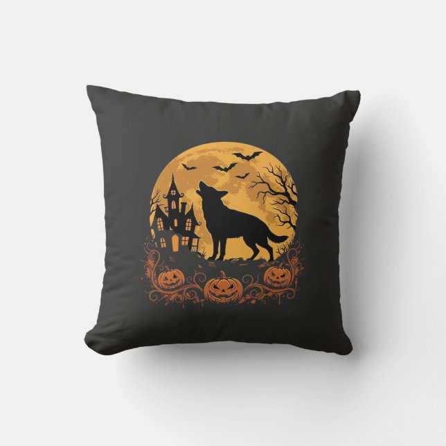 German Shepherd Halloween Moon Pumpkin Design_1 Throw Pillow (Front)