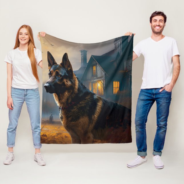 German Shepherd Halloween Scary Fleece Blanket (In Situ)