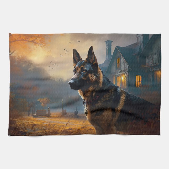 German Shepherd Halloween Scary Kitchen Towel (Horizontal)