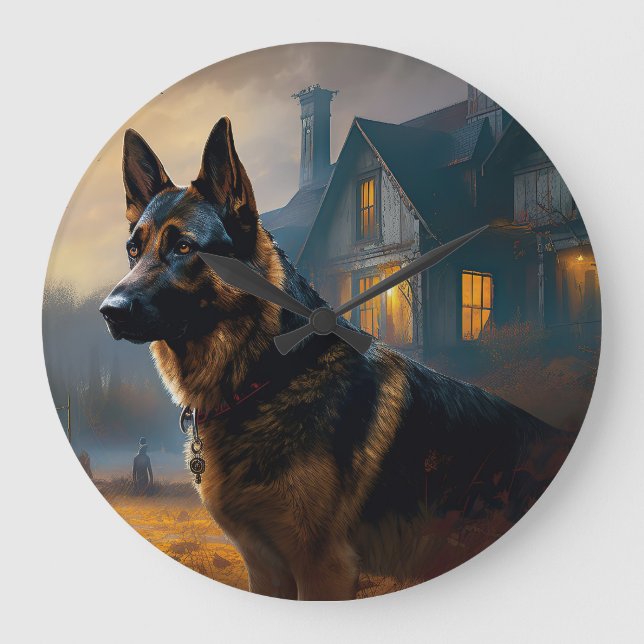 German Shepherd Halloween Scary Large Clock (Front)