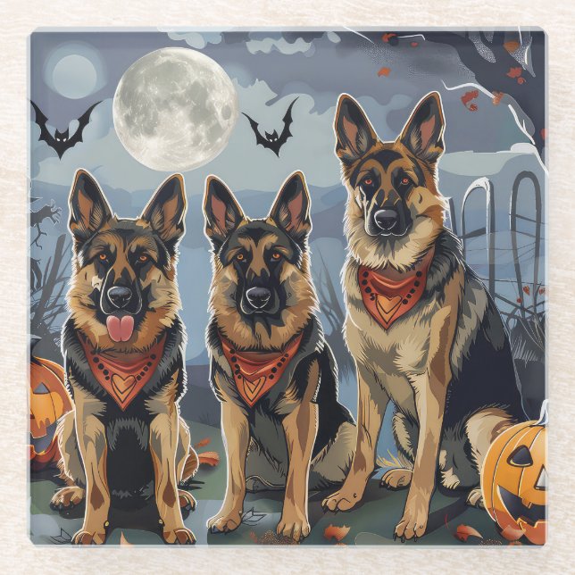German Shepherd Halloween Spooky Glass Coaster (Front)