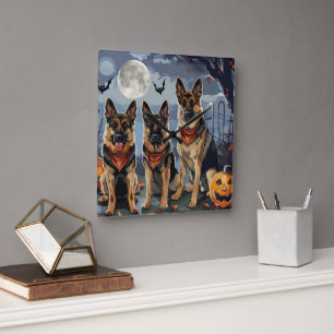German Shepherd Halloween Spooky Square Wall Clock