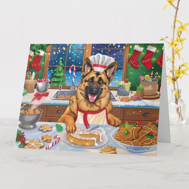 German Shepherd Holiday Baking: Festive Christmas Card (Yellow Flower)