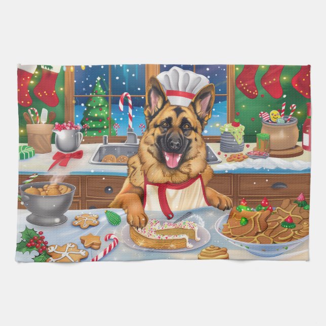 German Shepherd Holiday Baking: Festive Christmas Kitchen Towel (Horizontal)